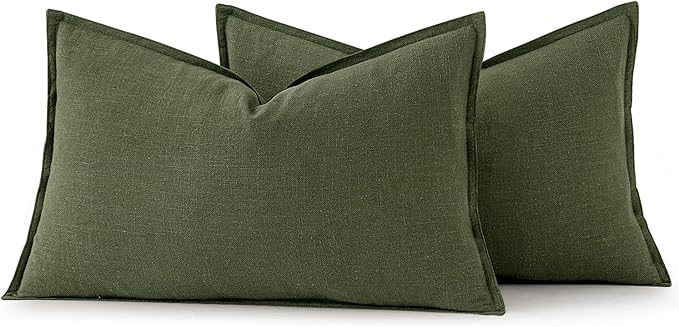 MIULEE Decorative Linen Lumbar Pillow Covers 12x20 Inch Dark Olive Green Boho Farmhouse Neutral Christmas Couch Throw Pillows for Bed Pack of 2 Accent Modern Pillowcase Sofa Livingroom Home Decor