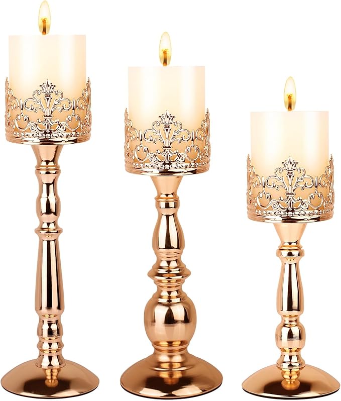 Candle Holders for Pillar Candles Set of 3 Gold Vintage Tall Candle Holders Decorative Large Table Centerpieces Candle Stand Decor