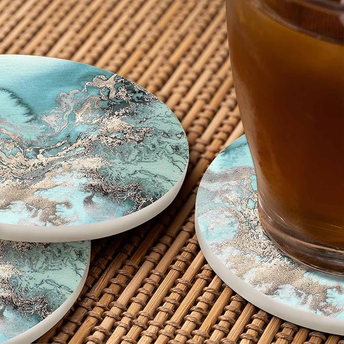 Natural Stone Rose Gold Marble Drink Coasters Modern Delicate Stone Liquid Ink Water Fluid Design Housewarming Presentss for New Home Present for Friends,2 Pcs,4 X 4 X 0.35 Inches