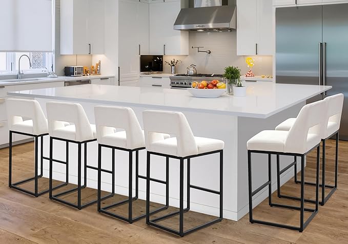 Black and White Counter Height Bar Stools Set of 6 for Kitchen Counter Modern Bar Chairs with Backs for Kitchen Island with Upholstered Fabric Seat and Metal Frame, 26 Inch