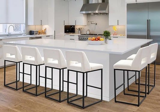 Black and White Counter Height Bar Stools Set of 6 for Kitchen Counter Modern Bar Chairs with Backs for Kitchen Island with Upholstered Fabric Seat and Metal Frame, 26 Inch