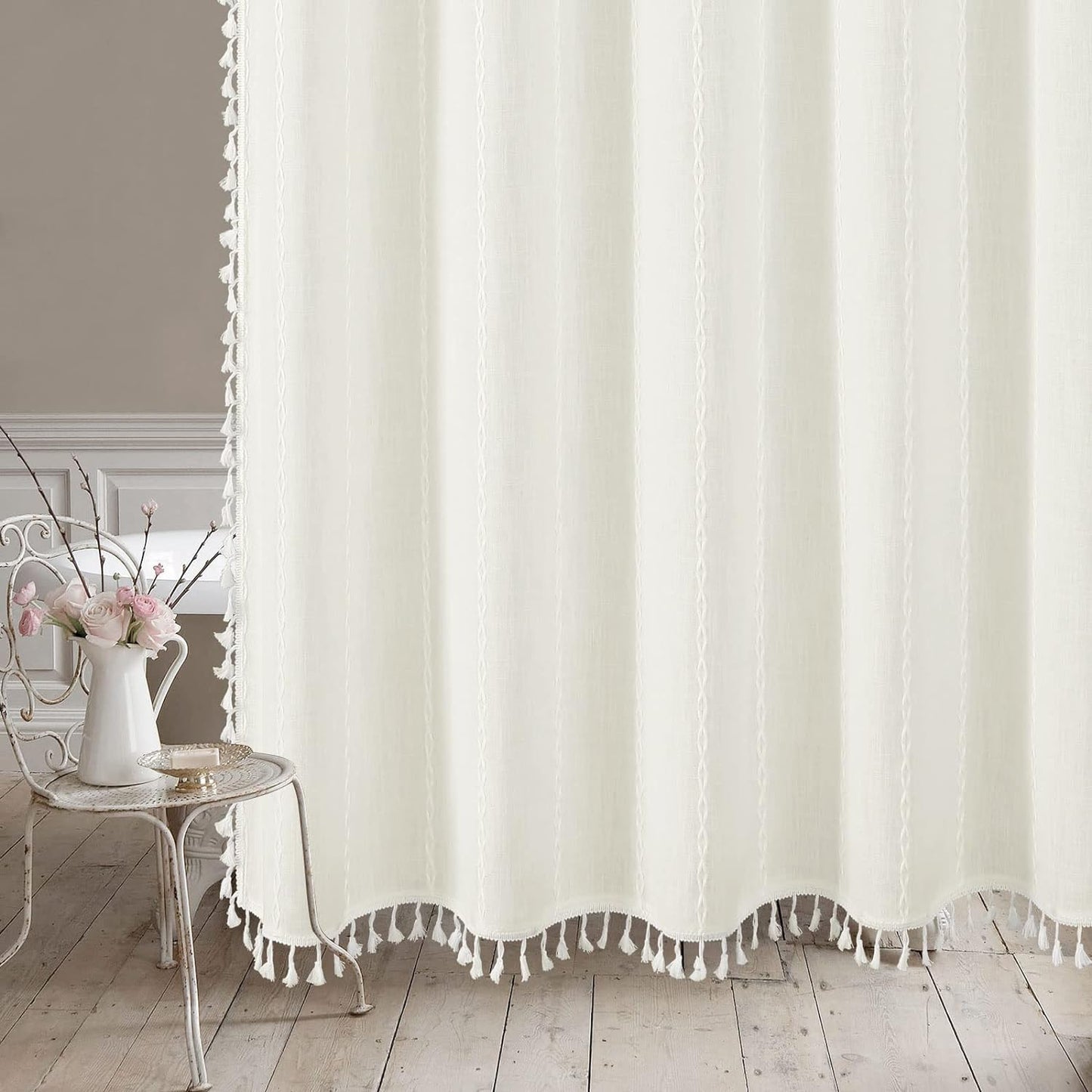 MitoVilla Boho Small Stall Fabric Shower Curtain 36 x 72, Ivory Half Size Narrow Polyester Linen Tassel Cloth Shower Curtains for Chic Modern Farmhouse Country Bathroom Decor
