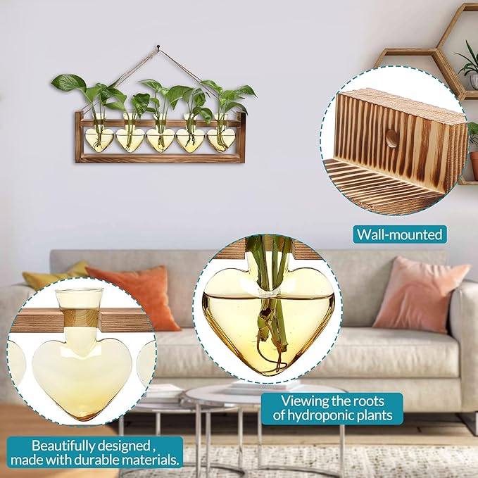 Plant Terrarium Hanging Propagation Stations Gift for Women Plant Lover air Plant Holder with Wooden Stand Heart Glass