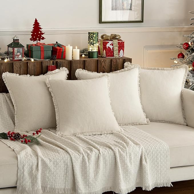 MIULEE Linen Pillow Covers 18x18 Inch Natural Beige Decorative Throw Pillows with Fringe Pack of 4 Soft Farmhouse Boho Couch Pillows Home Decors for Sofa Cushion Living Room Bed