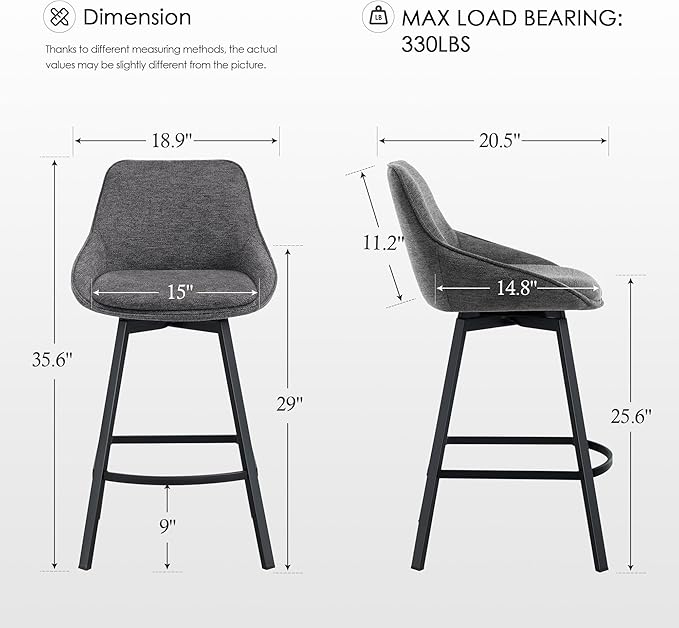 Zesthouse Swivel Counter Height Stools Set of 4, Modern Upholstered Barstools with Backs, 26'' Linen Fabric Counter Height Bar Stools, Metal High Chairs for Island Kitchen, Dark Grey