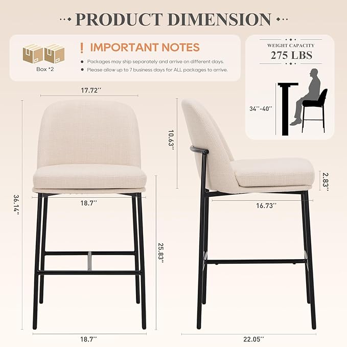 COLAMY Counter Height Bar Stools Set of 4, 25 Inch Modern Fabric Kitchen Island Stools with Back, Upholstered Counter Barstools Armless Bar Chairs with Metal Legs for Island Dining Room Bar, Beige