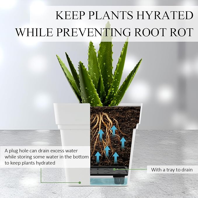 6-Pack 7'' Square Planters with Built-in Drainage Tray – Heavy-Duty Plastic Pots with Drainage Holes and Bottom Stopper, BPA-Free White Matte Planter Stackable for Indoor Plants, Herbs, Flowers
