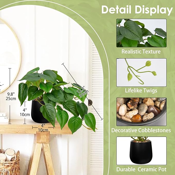 DILATATA Fake Plants Indoor 8 Inch Artificial Pothos Plant in Black Ceramic Pot - Faux Potted Pothos Plant for Home Aesthetic Decor Living Room Shelf Office