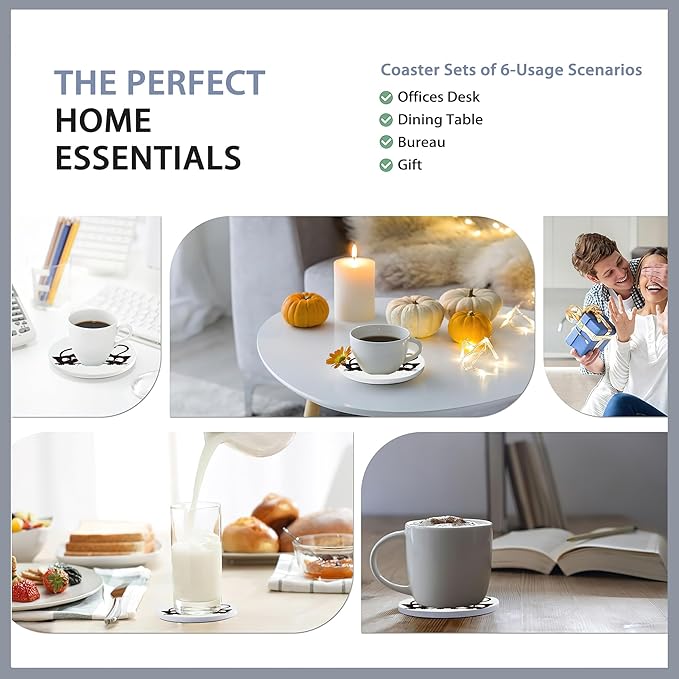 Drink Coasters Set of 6 with Holder,Cute Black Cat Absorbent Ceramic Coasters with Cork Base,Fit All Cups,Tabletop Protection Mat for Mugs and Cups,Office,Kitchen