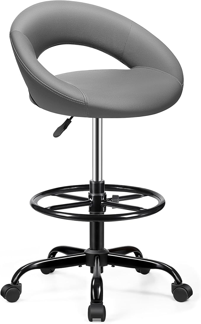 Drafting Chair for Standing Desk, Height Adjustable Rolling Stool with Backrest & Footrest, Tall 360° Swivel PU Leather Stool Chair with Wheels for Office, Gray
