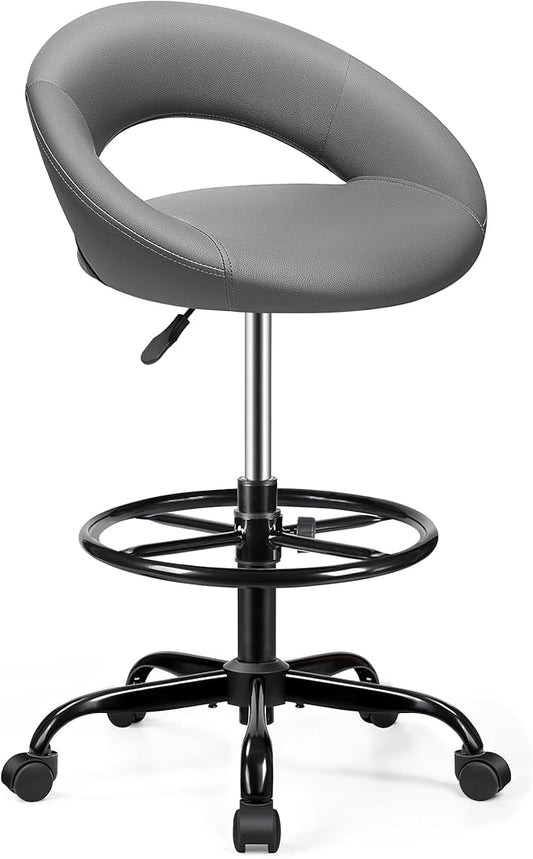 Drafting Chair for Standing Desk, Height Adjustable Rolling Stool with Backrest & Footrest, Tall 360° Swivel PU Leather Stool Chair with Wheels for Office, Gray