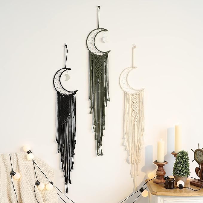 Olive Macrame Moon Dream Catcher, Boho Crescent Phase Woven Wall Hanging with Light, Handmade Unique Bohemian Nursery Decor with Star Ornament Decoration for Home Bedroom, for Girl Kids