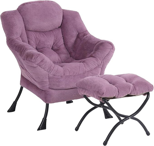 Plush Lazy Chair and Ottoman, Large Contemporary Accent Lounge Chair with Armrests and a Side Pocket, Modern Leisure Upholstered Sofa Reading Armchair with Footrest for Bedroom, Living Room