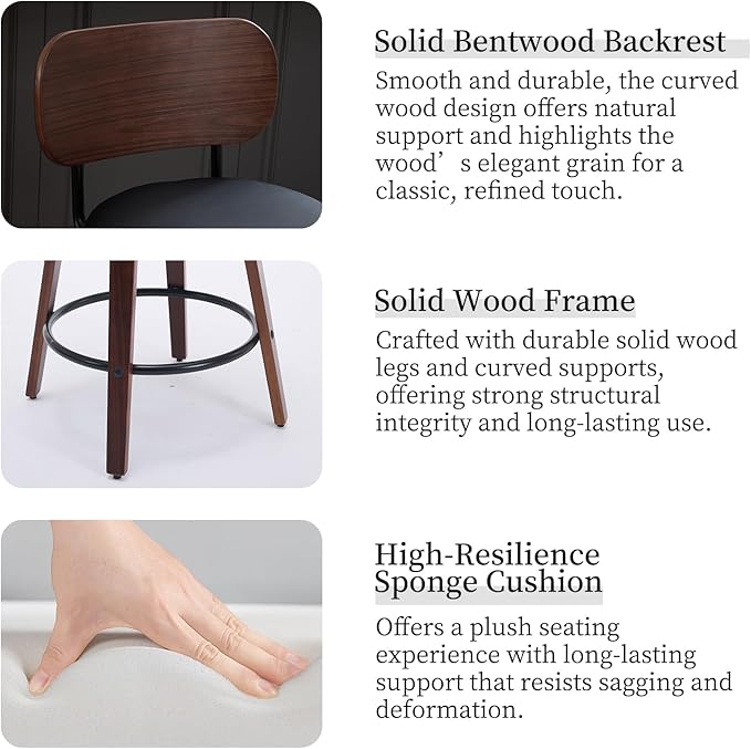 Counter Stools Set of 2, 26 inch Swivel Counter Height Bar Stools with Walnut Back,Upholstered PU Leather, Bentwood Legs, Mid Century Modern Bar Chairs for Kitchen Island, Black