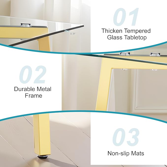 Dining Table for 6 Kitchen Table 51" Rectangular Modern Glass Dining Table Kitchen & Dining Room Tables with Glass Tabletop and Metal Legs for Dining Room and Kitchen, Gold