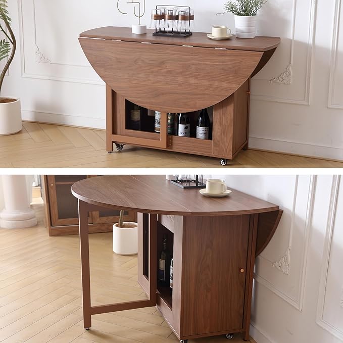 47.3" Round Folding Dining Table for 4-8, Wood Kitchen Foldable Table Large Drop Leaf Dinner Table with Storage Shelf Metal Legs for Home Dining Room Living Room in Walnut