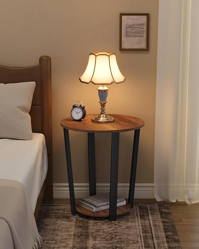 VASAGLE Round Side End Table, 2-Tier Accent Bedside Table with Storage Shelf, Easy Assembly, Nightstand for Small Spaces, Living Room, Bedroom, Honey Brown and Ink Black ULET057KB01S