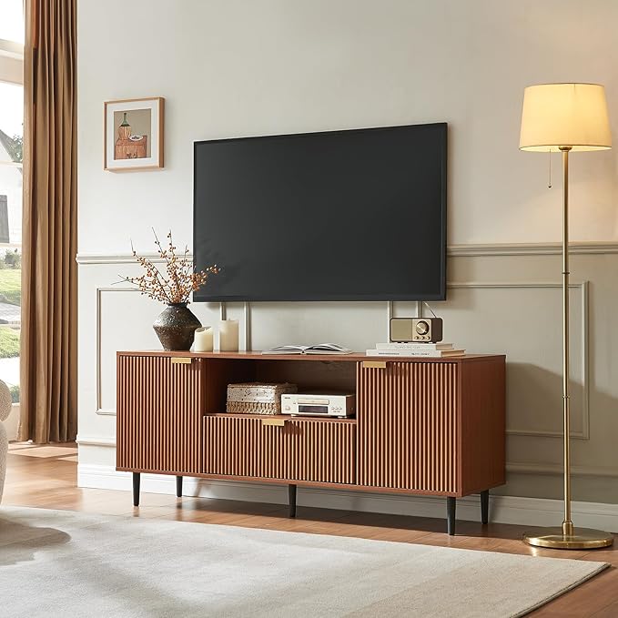 Okvnbjk Modern TV Stand for 65 Inch TV, Fluted TV Consoles for Living Room, Media Console with Soft Hinge & Drawer, Wood Entertainment Center with Storage, Mocha