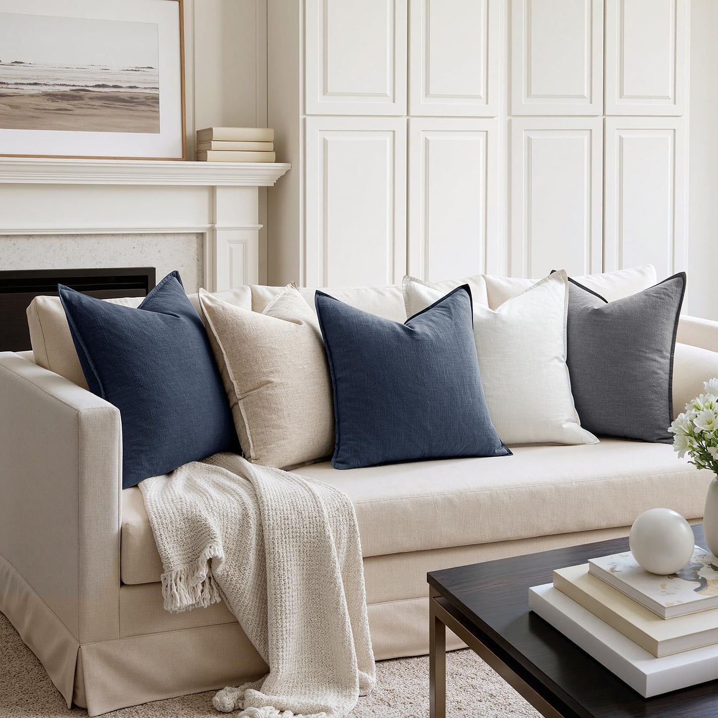 MIULEE Decorative Linen Pillow Covers 20x20 Inch Indigo Blue Boho Farmhouse Neutral Couch Throw Pillows for Bed Pack of 2 Accent Coastal Modern Pillowcase Summer Sofa Livingroom Home Decor