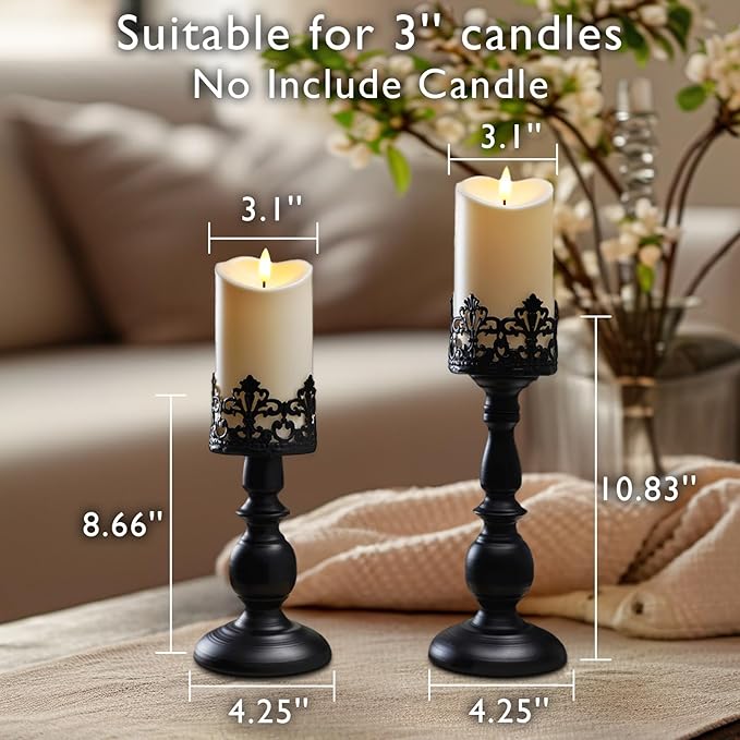 Homemory Black Halloween Candle Holders for Pillar Candles Set of 2, Gothic Vintage Candle Holders for Table Centerpiece, 11" 9" Tall Candle Stand Decorative for Dining Fireplace Living Room (Black)