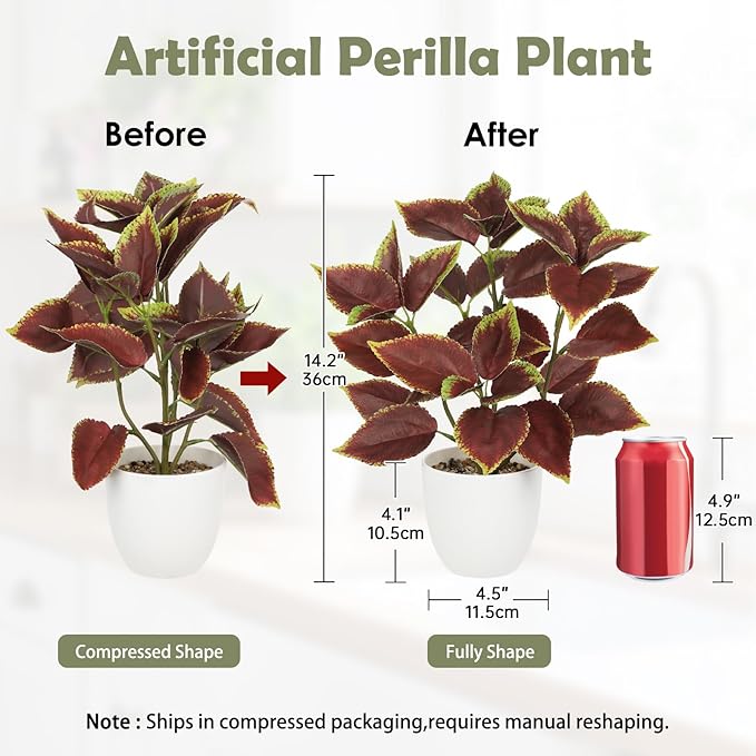 Artificial Plants Indoor 14.2" Small Fake Perilla Plant in Pot Potted Plants Artificial Decor Faux House Plant with White Pot for Farmhouse Home Office Bathroom Living Room Table Shelf Decor