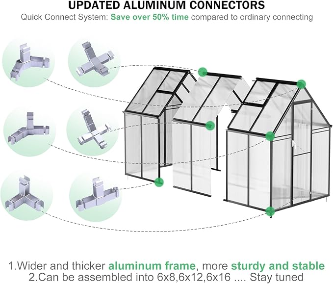CDCASA 12x6x6 FT Greenhouse for Outdoors, Large Polycarbonate Greenhouse Aluminum Greenhouses w/Vent Window, Swing Door & Easy Assembly Walk-in Green House for Patio, Backyard, Garden, Black
