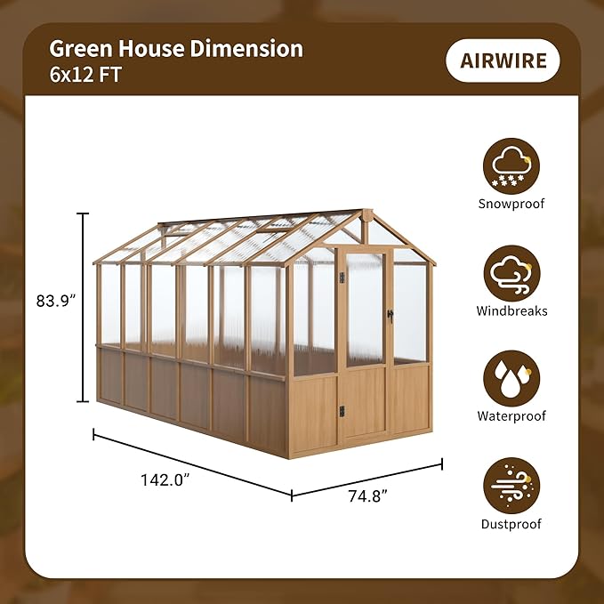 6x12 FT Wooden Greenhouse for Outdoors, Walk-in Greenhouse with 6MM Thick Polycarbonate Panel and Adjustable Roof Vents, Garden Backyard, Wood Colour