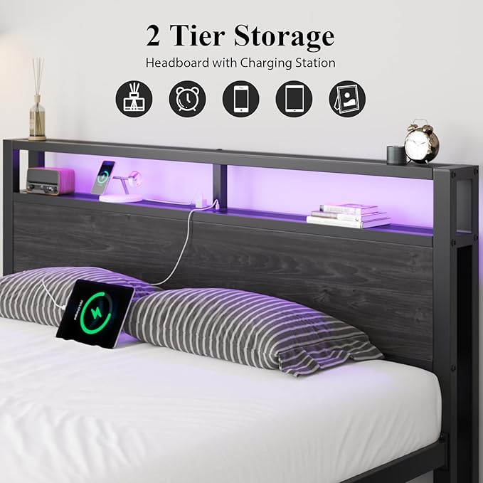 King Size Bed Frame with Storage Headboard, Industrial Platform Bed with Charging Station and LED Lights, Heavy Duty Metal Slats, No Box Spring Need, Noise Free, Black