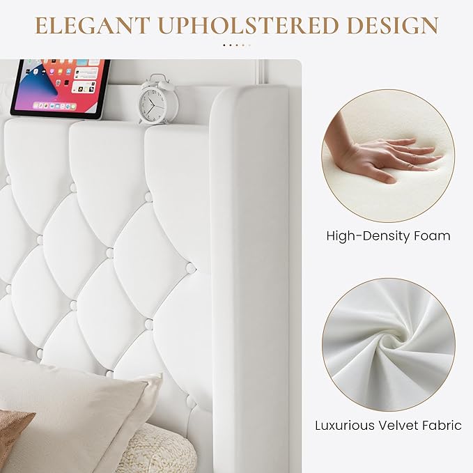 SHA CERLIN King Size Platform Bed Frame with Charging Station, Velvet Wingback Headboard with Storage Shelf, Wooden Slats Support, Ample Under-Bed Space, No Box Spring Needed, Easy Assembly, White