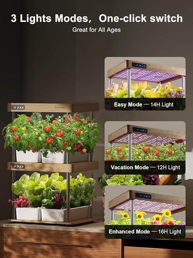 GROWNEER HydroEasy1.0 Hydroponic Growing System, 2-Tier Indoor Garden with Full-Spectrum LED Grow Lights, 32 Pods, Solid Wood Design, Independent Water Circulation, Ideal for Vegetables, Herbs, Walnut