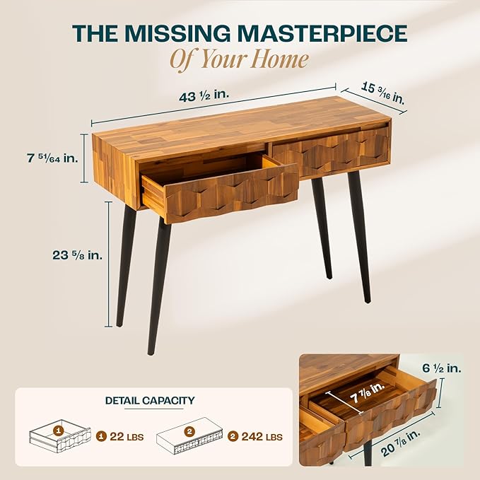 Bme Console Modern Mid-Century 2 Drawers and Metal Legs, Unique Geometric Design Sofa Table for Entryway, Hallway, Living Room, Teak Brown