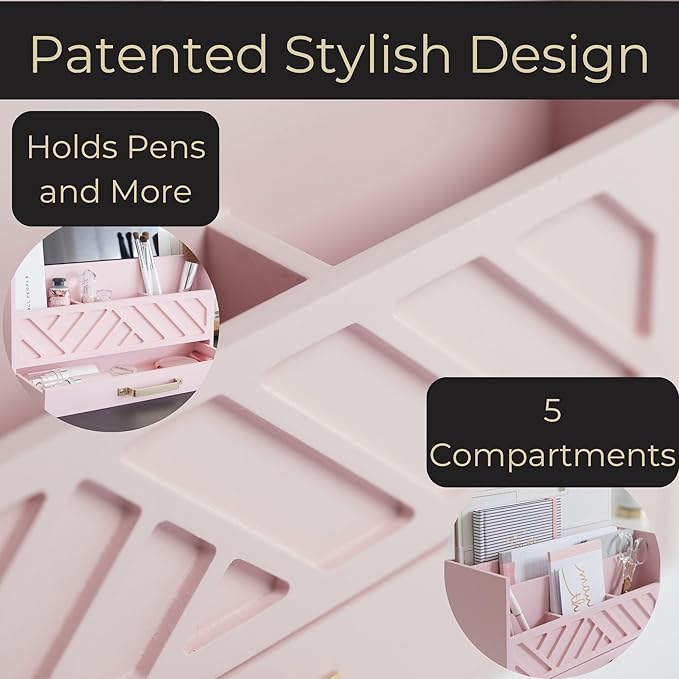 BLU MONACO Pink Wooden Desk Organizer with Storage Drawer and Gold Handle – Cute Office Supplies Holder – Mail Storage for Desktop at Home, Office, or Workspace