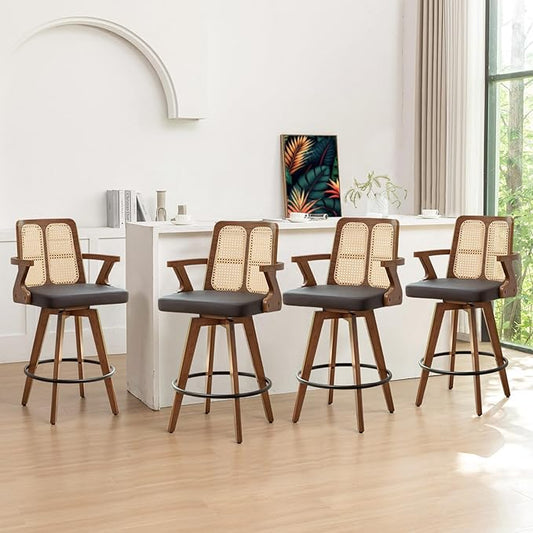 Set of 4 Swivel Counter Height Bar Stools - 27 inch Walnut Counter Stool with Cane Back, Upholstered Seat, Curved Arms, Faux Leather Counter Stools for Island/Pub/Kitchen (27" Seat Height, Brown)
