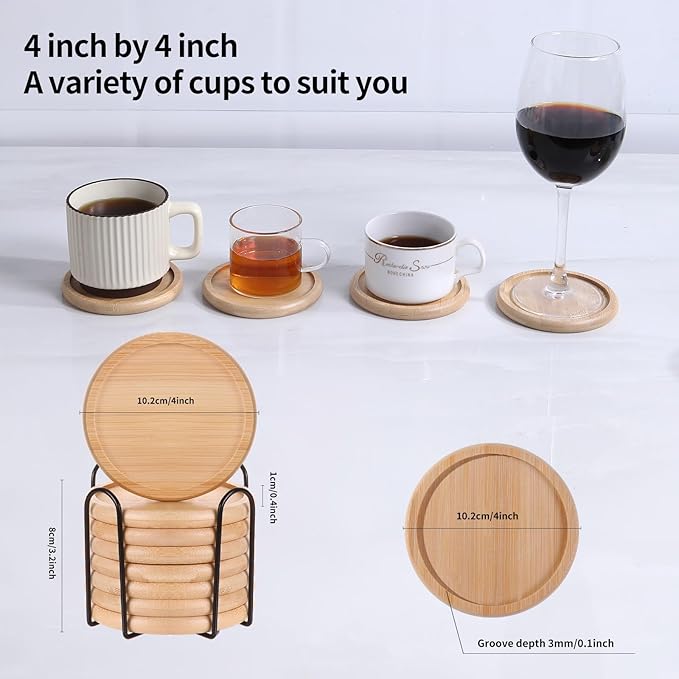 Bamboo 4 inch coaster [8 pcs] Coasters with Holder - Drinking Coasters - Cup Mat for Drinks - Live for Hot or Cold Drink - Non-slip and non-stick,Suitable for Kinds Cups and Living Room Decor