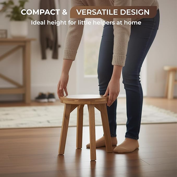 Round Stool Acacia Wood, 12" Height, 11" Round Top, Backless, Easy Assembly, Natural Wax Finish, Wooden Stool for Plant, Dining Room, Living Room, Garden, Makeup