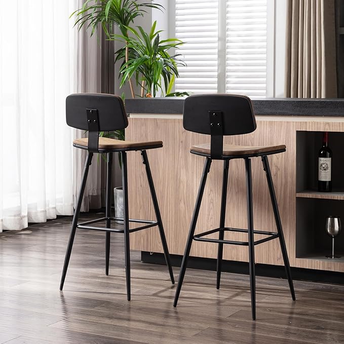 Bar Stools Set of 4, Bar Chairs w/PU Leather Seat and Backrest, Frosted Iron Frame, 29.33'' Seat Height Counter Stools, Simple Assembly, for Dining Room Kitchen Counter Bar, Brown