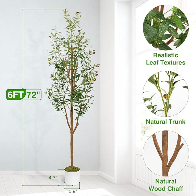 6FT Artificial Olive Tree - Indoor Tall Faux Olive Trees with Seagrass Basket&3PCS 18Inch Olive Branches, Large Fake Olive Silk Tree Realistic Olive Plants for Home Decor Office Living