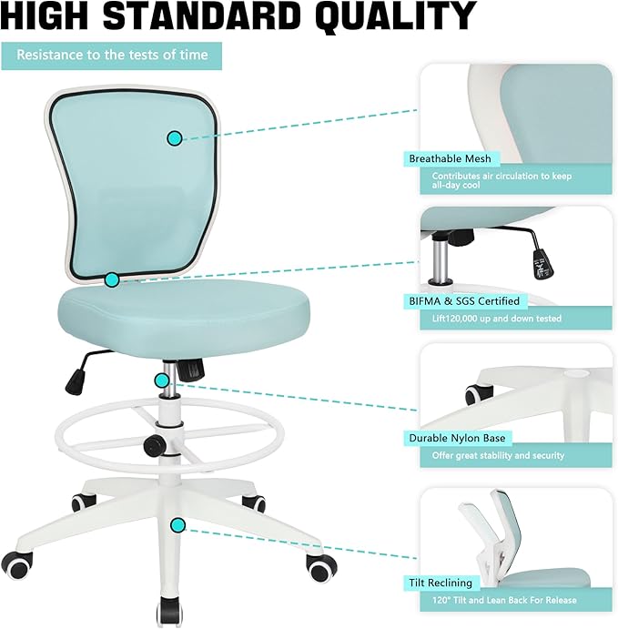 HYLONE Drafting Chair Adjustable Height Tall Office Chairs Standing Desk Chair Rolling Stool Chair Armless Office Drafting Chair Blue