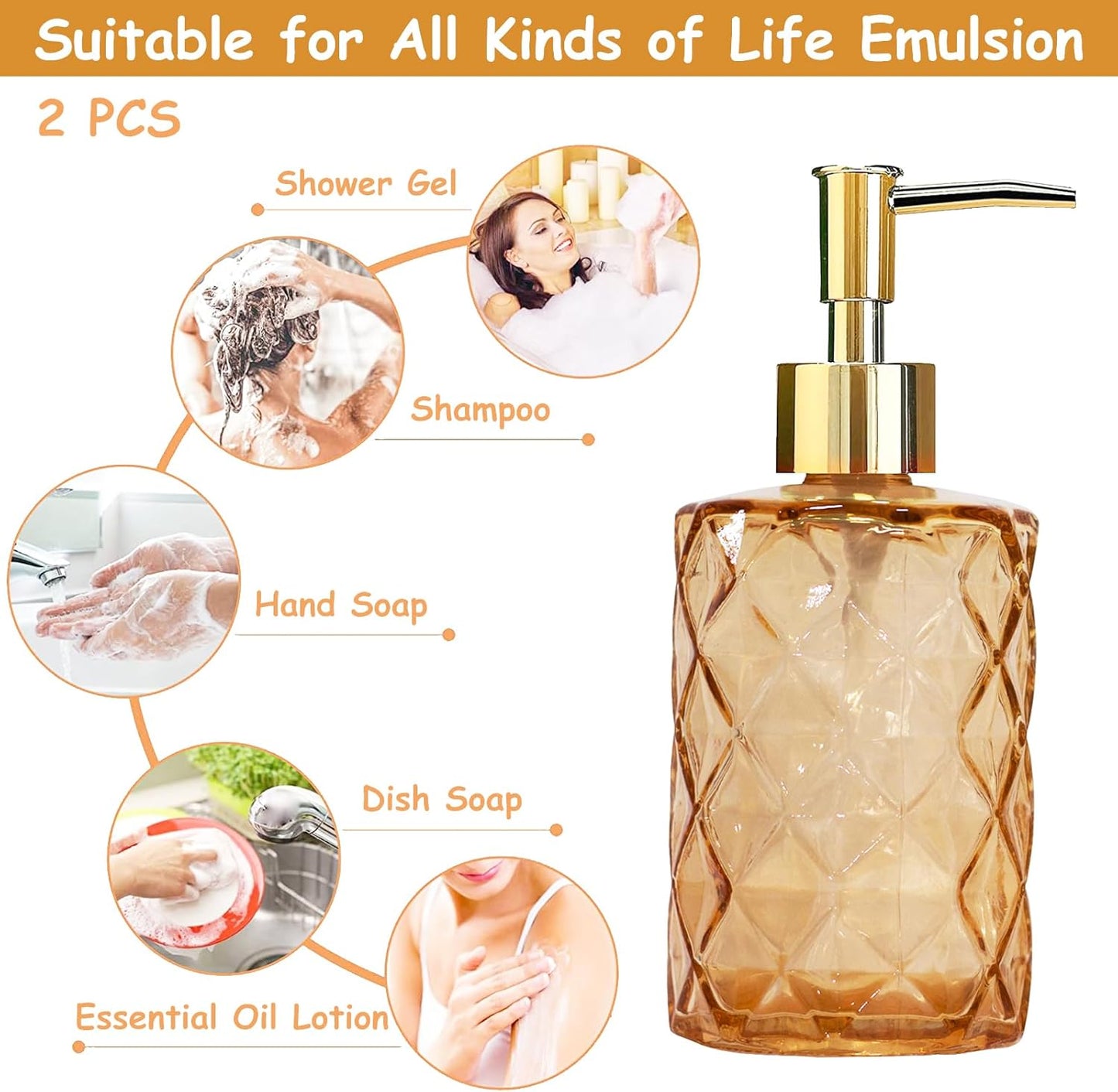 Glass Soap Dispenser with Gold Plastic Pump, 12oz Refillable Liquid Hand Soap Dispenser, 2 Pack Crystal Lotion Bottle for Modern Home Decor, Bathroom, Kitchen Countertop, Hotel(Amber)