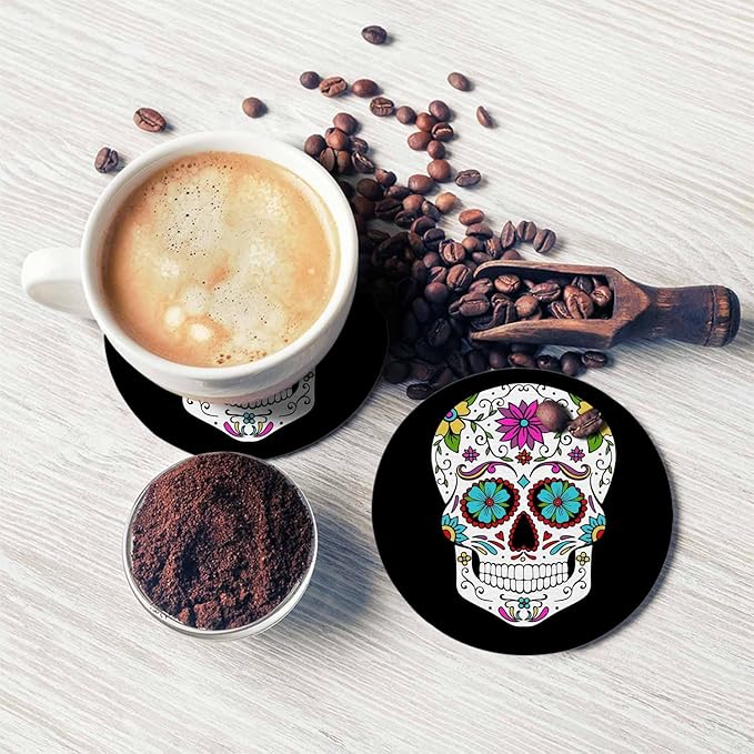 Sugar Skull Round Coaster for Home Coffee Table Human Head Mexican Spooky Skeleton Horror Bone Death Farmhouse Drink Coasters 100% Diatomite 4''X 4''X 0.35'' Printed Pattern