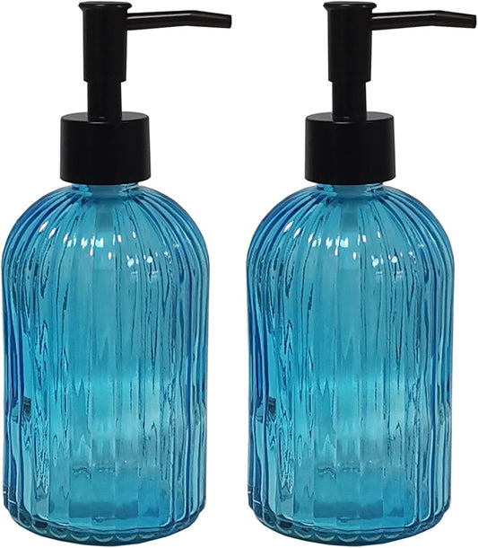 Blue Glass Soap Dispenser Set with Black Pump, 13.5oz Refillable Liquid Hand Soap Dispenser, Lotion Dish Soap Dispenser for Modern Home Decor, Kitchen Countertop, Bathroom, Hotel(2 Pack)