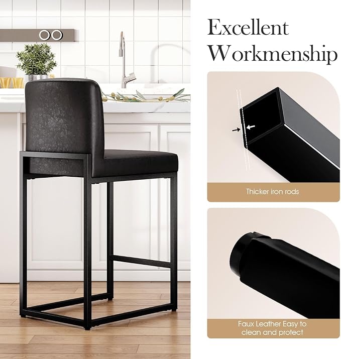 Sophia & William Black Bar Stools Set of 2, Counter Height 24" Bar Stools with Backs,Modern PU Leather Kitchen Island Stools