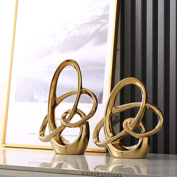 Modern Gold Knots Decor Ceramic Statue - Abstract Home Accent & Tabletop Figurine for Living Room, Bedroom, Bathroom, Office, Shelf, Mantel - Wedding, Coffee Table, Dining Room Centerpiece Decoration