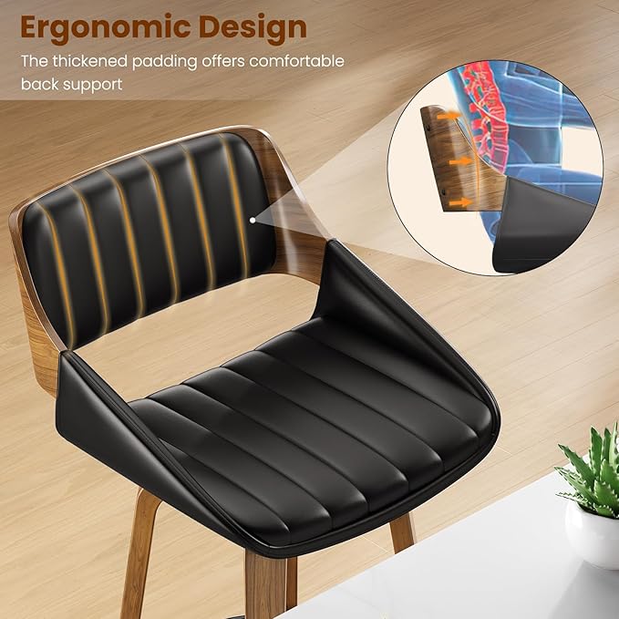 Bar Stools Set of 3, 26" Swivel Counter Height Barstools with Walnut Bentwood Back and Legs, Mid-Century Modern Faux Leather Upholstered Bar Chairs with footrest for Bar, Kitchen Island, café, Black