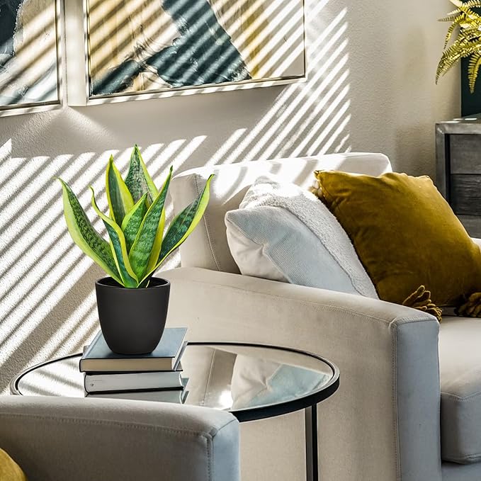 Fake Plant 11.22 Inch Fake Snake Plant Artificial Plants Indoor Sansevieria Faux Plants with Black Pot Artificial Snake Plant for Living Room Bathroom Office Table Centerpieces Shelf Home Decor