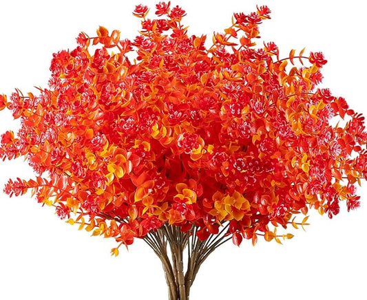 24PCS Artificial Eucalyptus Plants, Fake Boxwood Shrubs UV Resistant No Fade Faux Plastic Greenery for Wedding Bridal Bouquet Home Garden Kitchen Office Table Vase(Fall Gold Red)