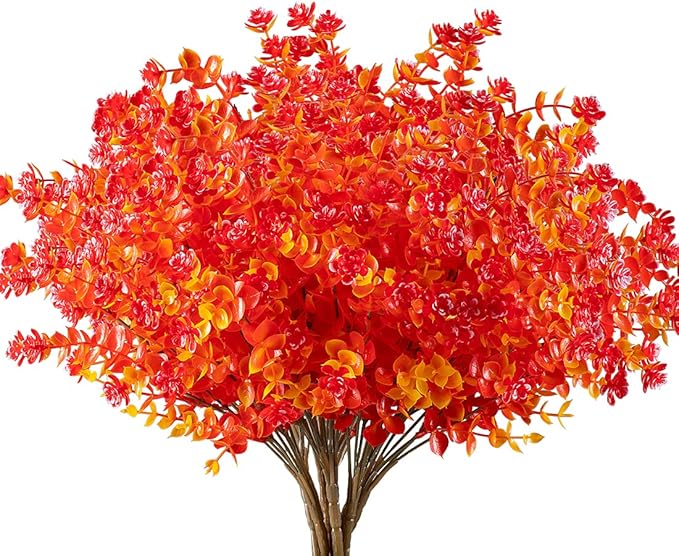 10PCS Artificial Eucalyptus Plants,Fake Boxwood Shrubs UV Resistant No Fade Faux Plastic Greenery for Wedding Bridal Bouquet Indoor Outdoor Home Garden Kitchen Office Table Vase(Fall Red)