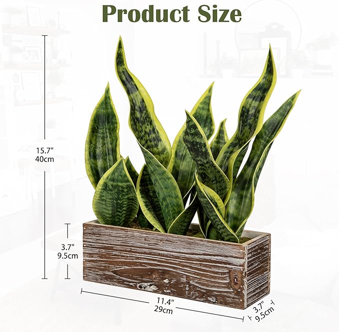 Fake Snake Plant in Rustic Wooden Planter 15.7 Inch Tall Artificial Sansevieria Trifasciata Plants Faux Potted Tropical Plant for Farmhouse Housewarming Home Office Modern Indoor Outdoor Decor