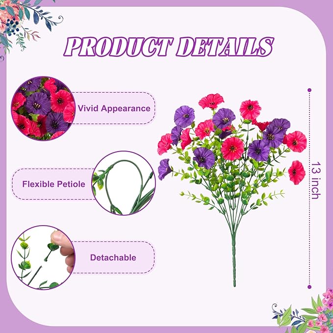 Artificial Flowers for Outdoors Decoration, 10 Bundles Fake Plastic Flower Plant, Faux Colorful Silk Morning Glory Petunias for Outside Garden Porch Front Door Decor, Rose Purple