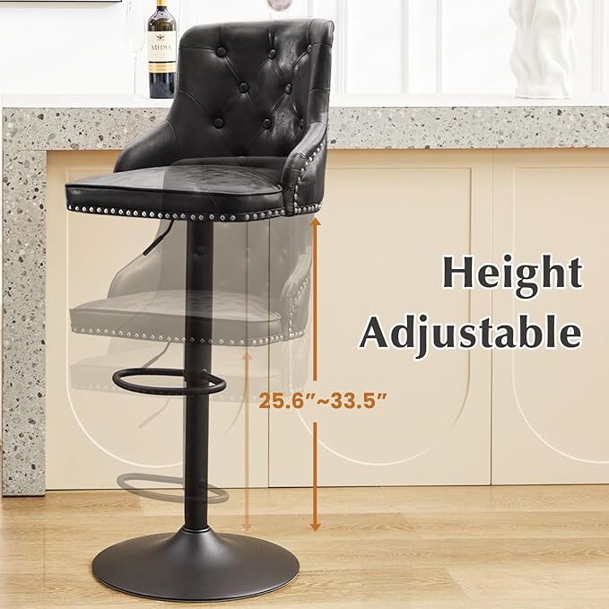 Modern Counter Stools Set of 2, Swivel Counter Height Bar Stools with Back and Armrests, 25'' to 33'' Adjustable Height PU Leather Bar Chairs with Rivets for Kitchen Island, Black